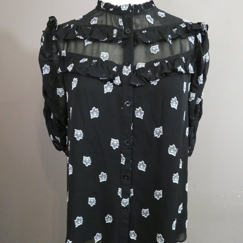 Shoshanna Women's M Terra Top Black Semi Sheer Floral Button Up Ruffle Detail - Picture 1 of 11
